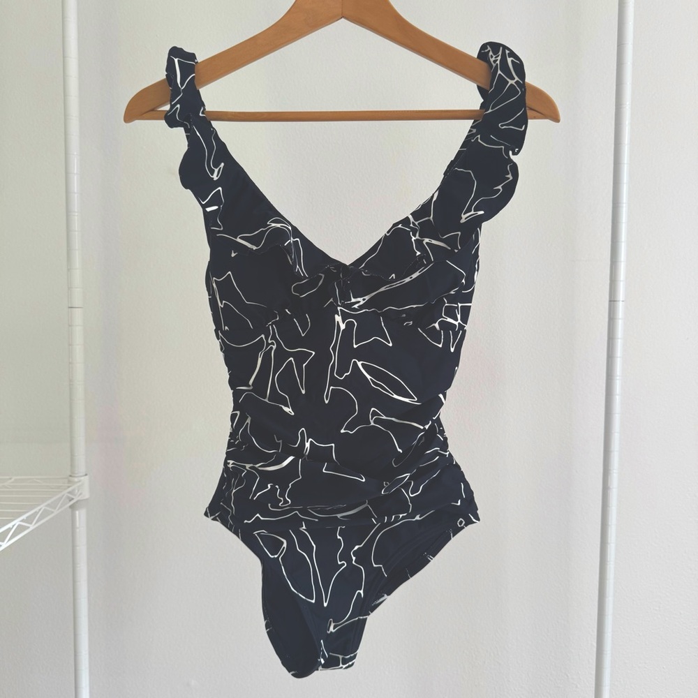 New DKNY Black and White Ruffle One-Piece Swimsuit